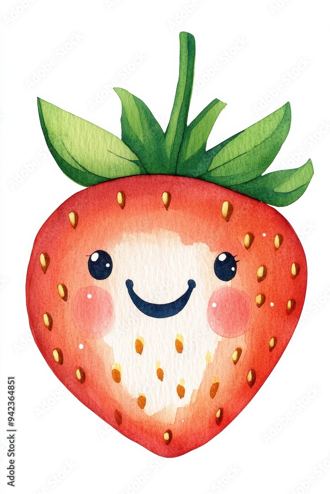 Obraz premium Cute Smiling Strawberry Illustration in Watercolor Style