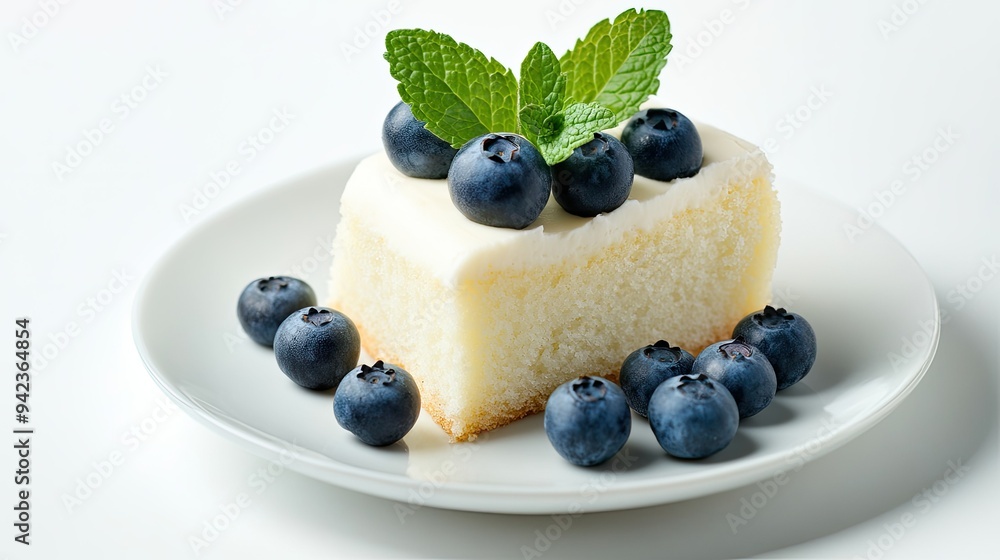 Close-up of a piece of bird's milk cake with fresh blueberries and mint leaves on a white plate, set against a white background. Close-up of a piece of bird's milk cake with fresh blueberries and mint leaves on a white plate, set against a white background.