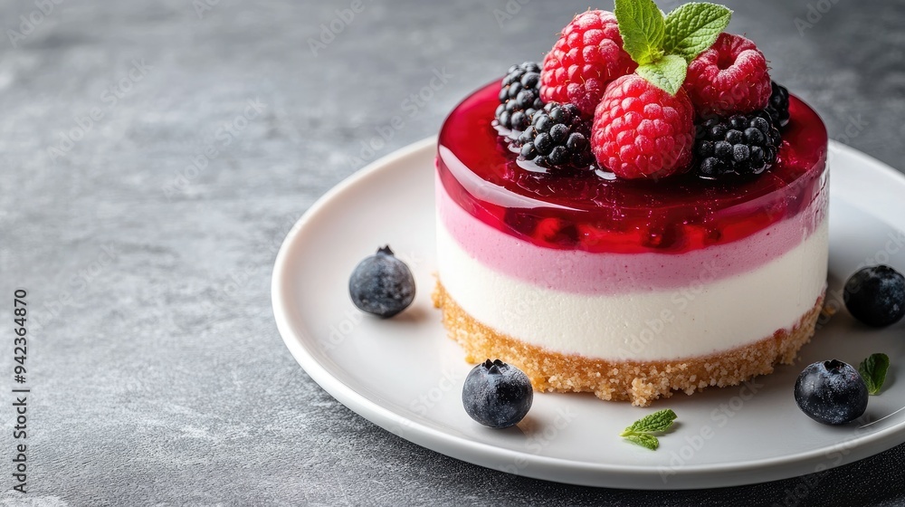 Close-up of a raspberry cream mousse cake with jelly and fresh berries on top, served on a white plate, against a gray concrete background. Close-up of a raspberry cream mousse cake with jelly and fresh berries on top, served on a white plate, against a gray concrete background.
