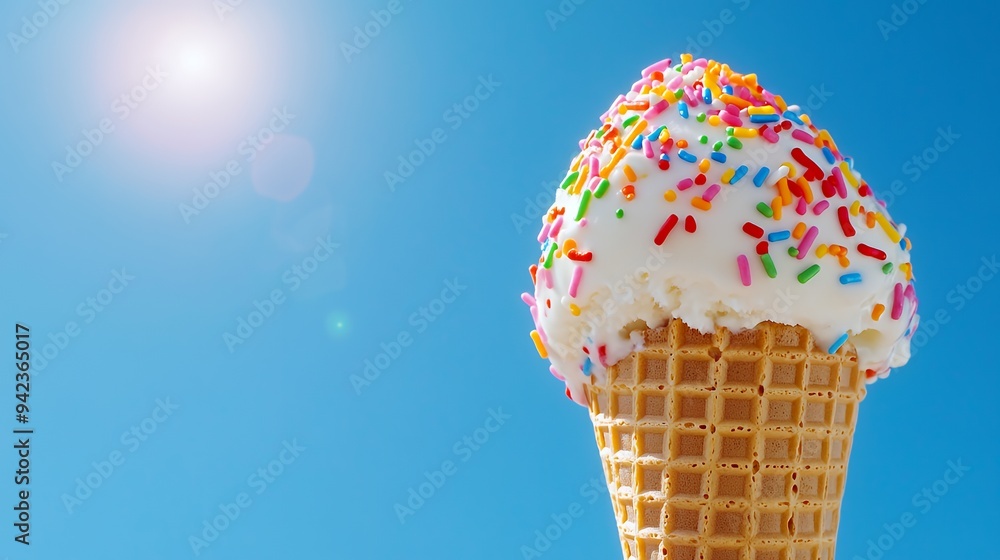 A delicious ice cream cone topped with colorful sprinkles against a clear blue sky. A delicious ice cream cone topped with colorful sprinkles against a clear blue sky.