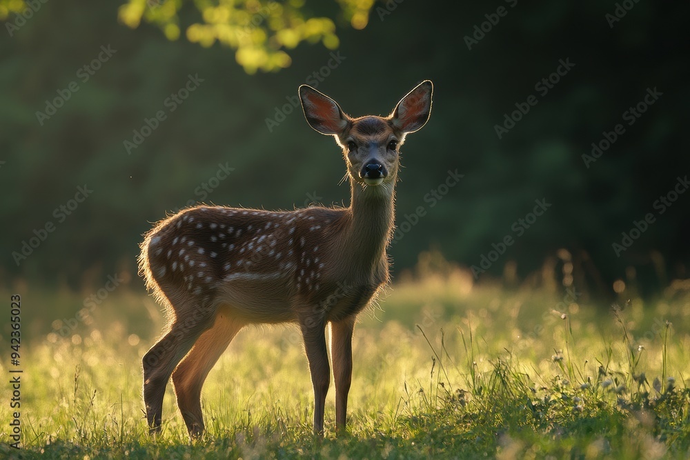 Fawn Standing in Sunlit Meadow with Gentle Background Fawn Standing in Sunlit Meadow with Gentle Background
