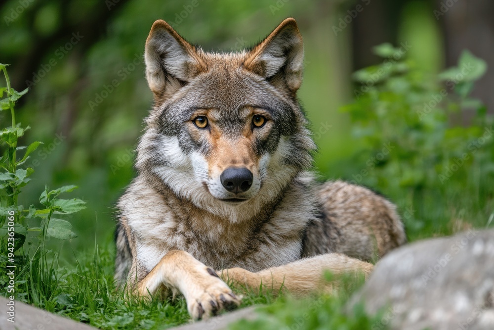 Close-Up of a Wolf in a Natural Green Habitat Close-Up of a Wolf in a Natural Green Habitat