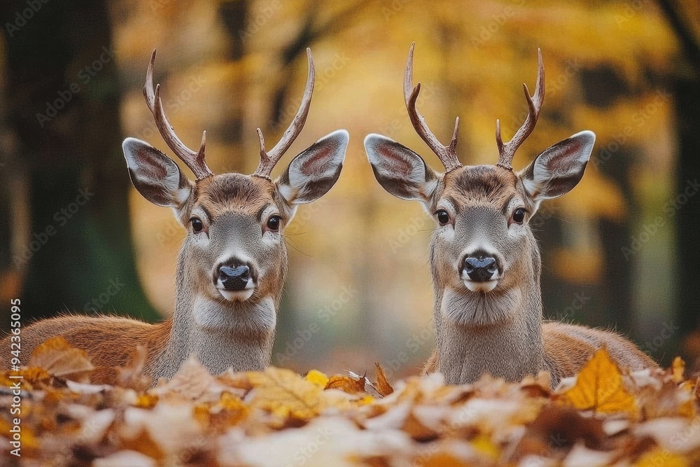 Two Deer Among Fall Leaves in Serene Forest Setting Two Deer Among Fall Leaves in Serene Forest Setting