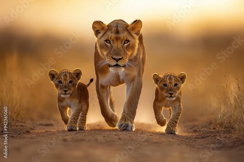 Lioness with Cubs Walking in Golden Sunset