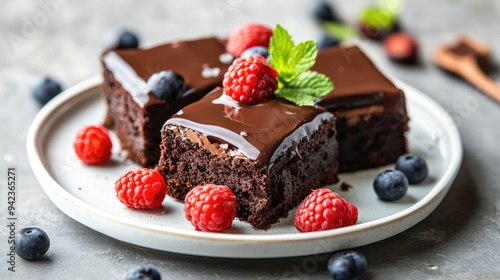 Close-up of fudgy chocolate brownies topped with a shiny chocolate glaze, fresh berries, and mint leaves on a white plate, resting on a gray concrete surface.