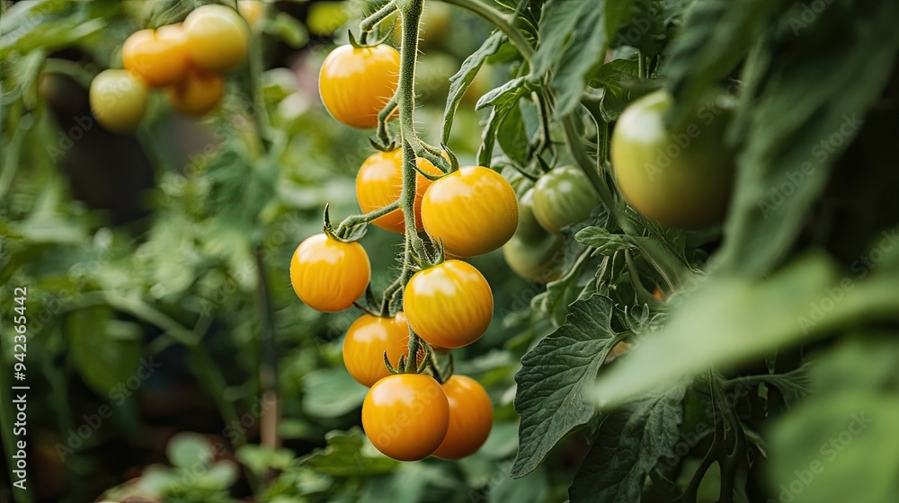 Cluster of ripe yellow tomatoes on the vine, surrounded by lush greenery in a garden. Cluster of ripe yellow tomatoes on the vine, surrounded by lush greenery in a garden.