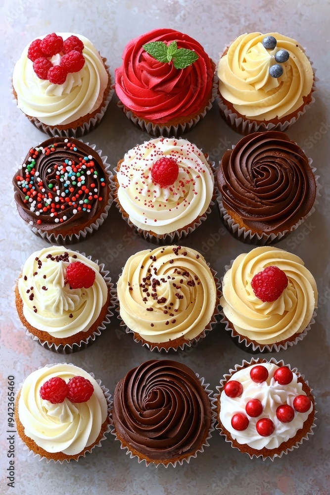 Assortment of Delicious Cupcakes with Various Frostings and Toppings Assortment of Delicious Cupcakes with Various Frostings and Toppings
