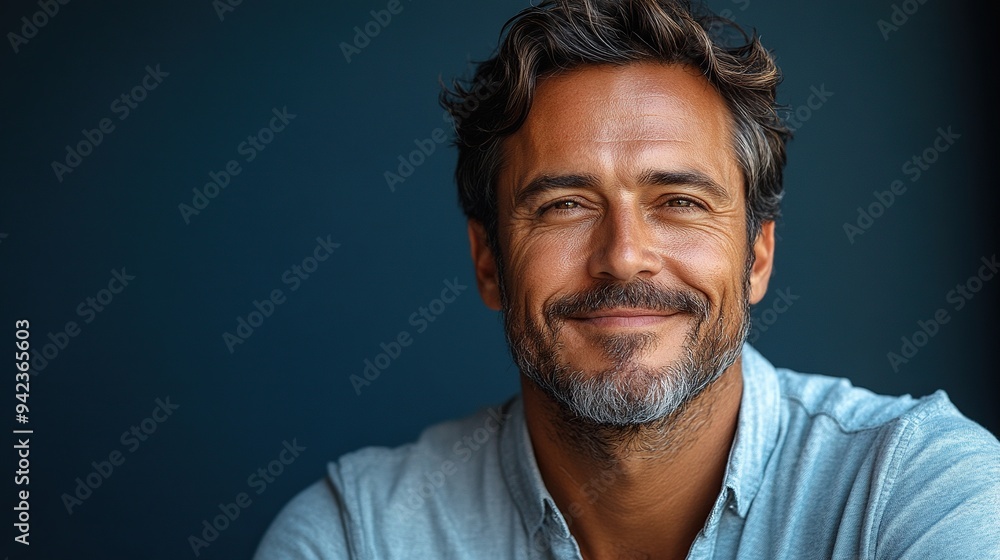 A handsome middle-aged man confidently smiles against a blue background, pointing to the side to illustrate success and active lifestyle concepts. A handsome middle-aged man confidently smiles against a blue background, pointing to the side to illustrate success and active lifestyle concepts.