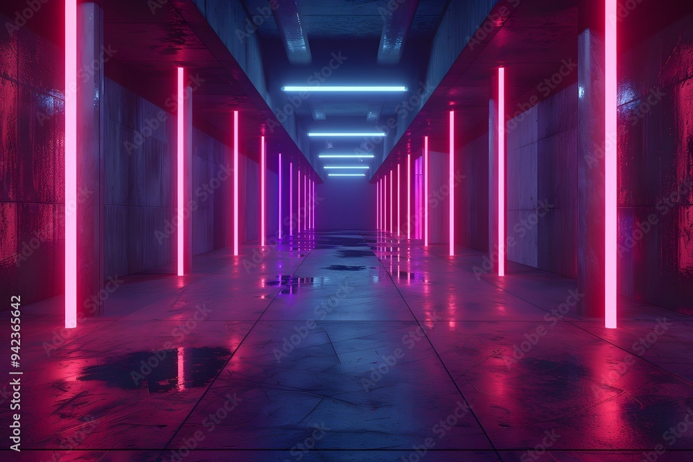 3d render, abstract futuristic tunnel background with neon blue and red light in dark room. Digital wallpaper for video game or motion design. 3d render, abstract futuristic tunnel background with neon blue and red light in dark room. Digital wallpaper for video game or motion design.