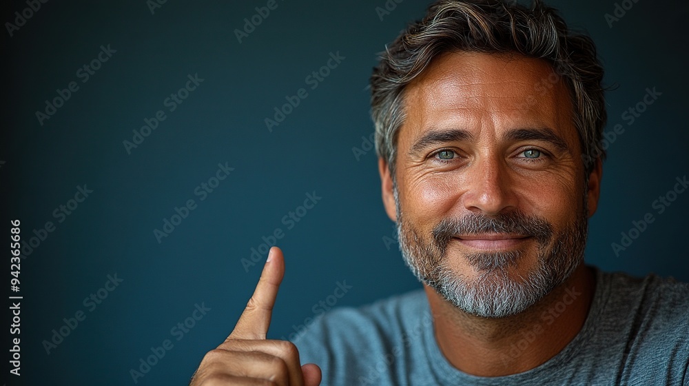 A handsome middle-aged man smiles positively against a blue background, pointing upward to signify success and conceptual ideas. A handsome middle-aged man smiles positively against a blue background, pointing upward to signify success and conceptual ideas.