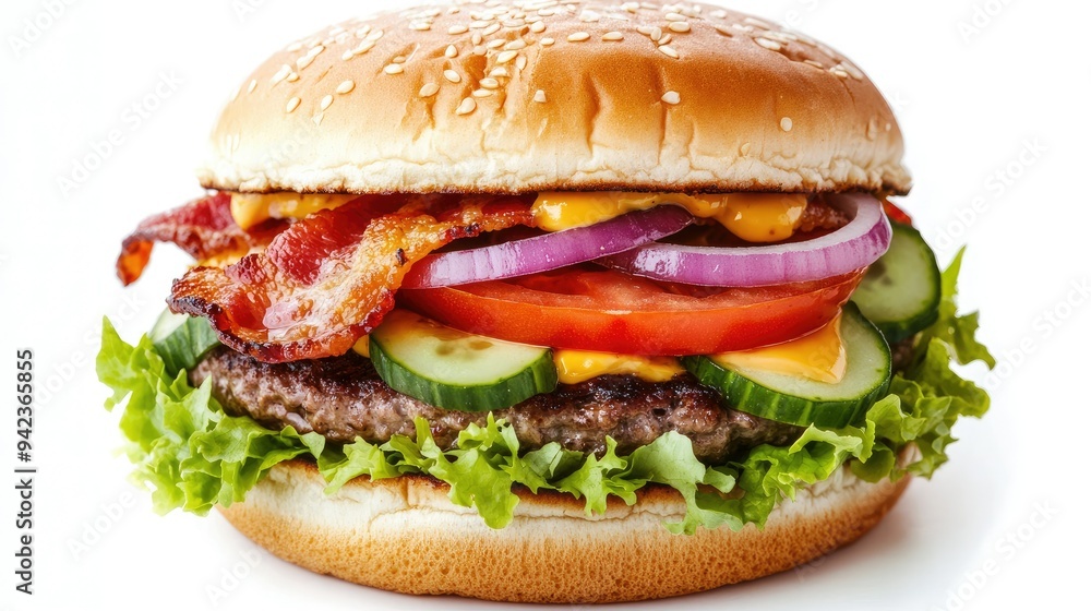 Delicious cheeseburger featuring bacon, onion, cucumbers, tomatoes, and lettuce, isolated on a white background. Delicious cheeseburger featuring bacon, onion, cucumbers, tomatoes, and lettuce, isolated on a white background.