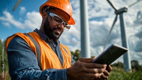 Wind Turbine Technician Using Tablet at Wind Farm photo