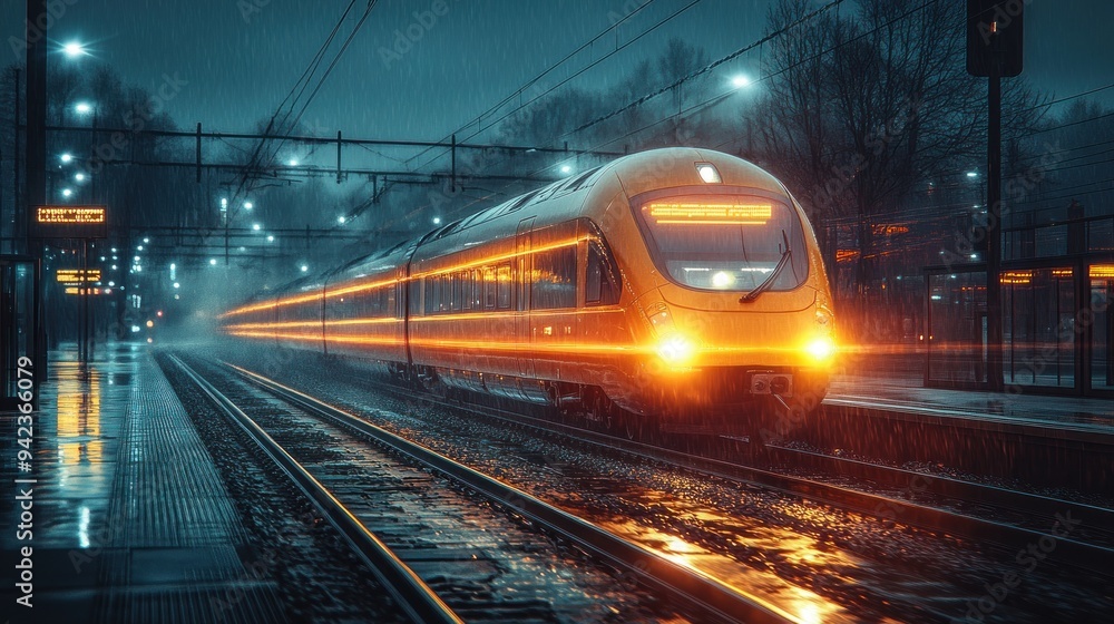 Naklejka premium Train Arriving at a Station on a Rainy Night