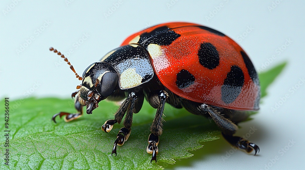 Fototapeta premium A ladybug is distinctly marked by black spots on its back.