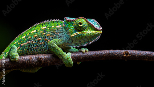 Exotic Tree Branch with Green Chameleon in Camouflage photo