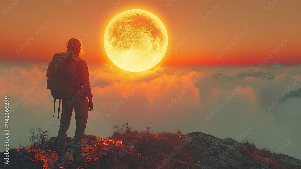 Fototapeta premium A lone hiker on a mountain peak at dusk observes a giant UFO hovering in the sky, illuminated by the sunset.