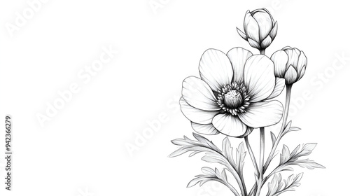 Elegant Black and White Anemone Flower Drawing for Invitations and Greeting Cards