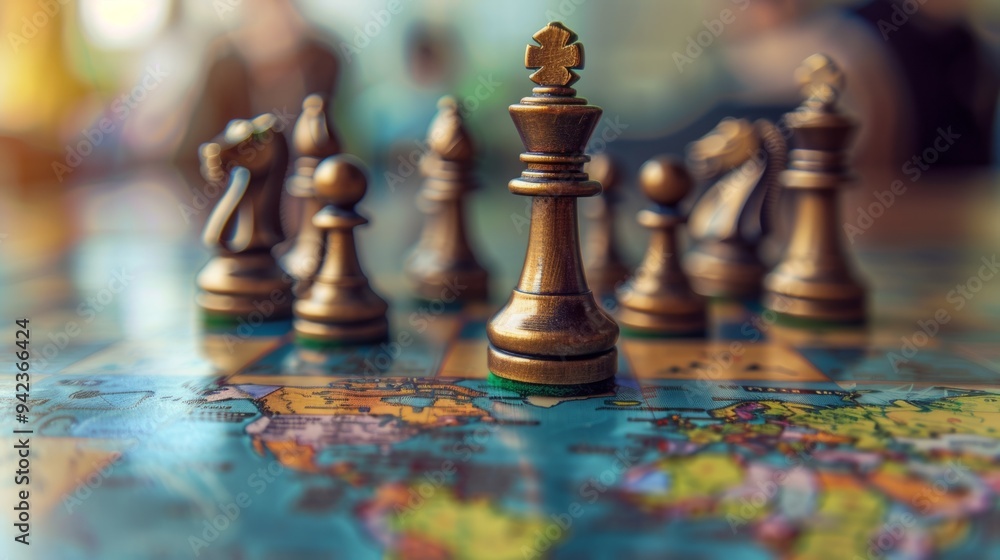 Chess pieces seen from close up, reflecting world map, cross-border business strategy generative ai Chess pieces seen from close up, reflecting world map, cross-border business strategy generative ai