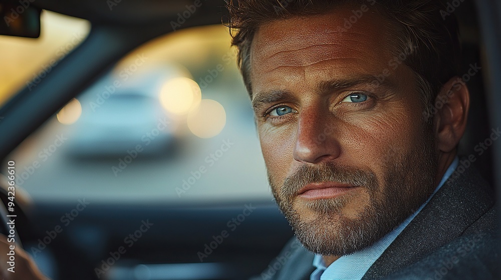 A man in a suit confidently drives a car, glancing at the camera. A man in a suit confidently drives a car, glancing at the camera.