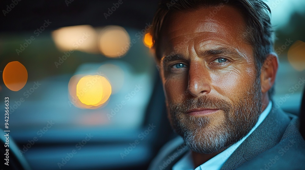 A man in a suit confidently drives a car, glancing at the camera. A man in a suit confidently drives a car, glancing at the camera.