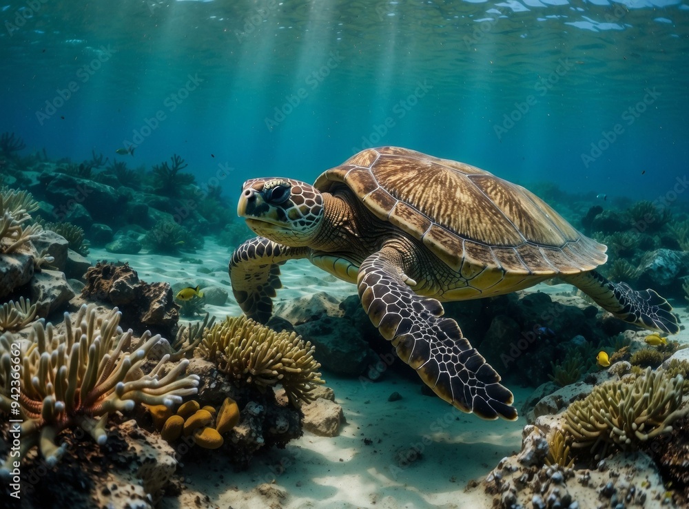 A sea turtle swims through coral reefs. AI. A sea turtle swims through coral reefs. AI.