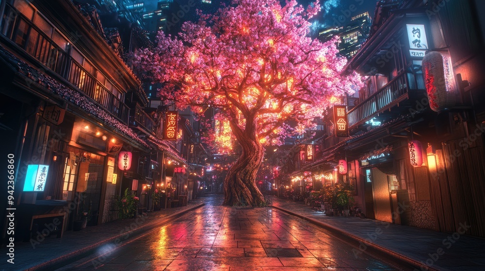 Fantasy urban night scene in Japan, with neon-lit streets, towering sakura tree in the center, and traditional residential buildings bathed in glowing light. 3D render. Fantasy urban night scene in Japan, with neon-lit streets, towering sakura tree in the center, and traditional residential buildings bathed in glowing light. 3D render.