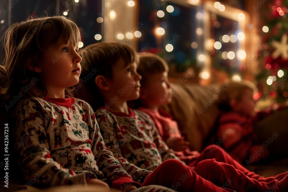 Kids in pajamas waiting for Santa on Christmas Eve Kids in pajamas waiting for Santa on Christmas Eve