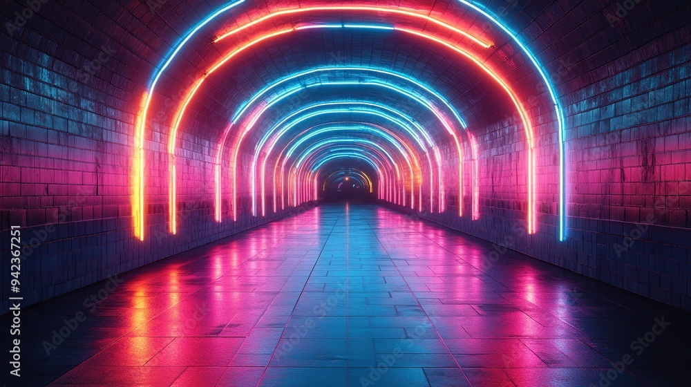 Vibrant pink and blue lights create an immersive and colorful atmosphere in a neon-lit tunnel. Vibrant pink and blue lights create an immersive and colorful atmosphere in a neon-lit tunnel.