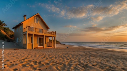 Fototapeta Naklejka Na Ścianę i Meble -  A beach house with a balcony sits on the shore of a sandy beach. AI.