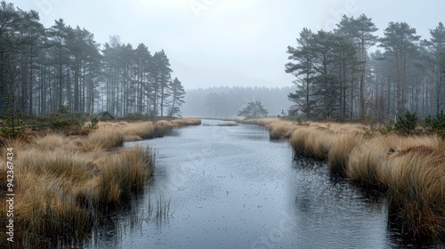 A Foggy Creek Winding Through a Forest photo