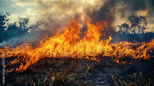 Intense flames engulf grassland in a wild landscape during late afternoon