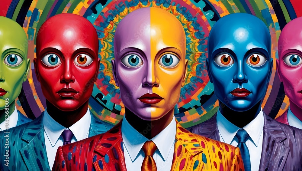 Four stylized figures with bold colors and unique suits, symbolizing ...