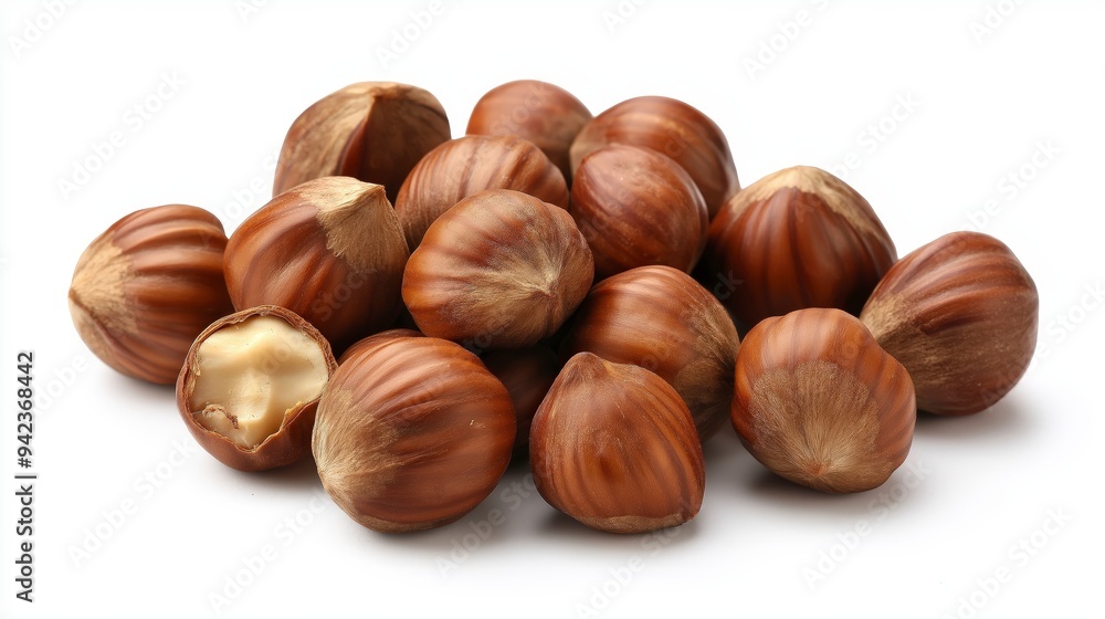 A pile of hazelnuts, showcasing their smooth brown shells and one with a visible kernel. A pile of hazelnuts, showcasing their smooth brown shells and one with a visible kernel.