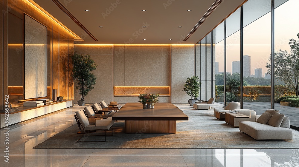 A spacious conference room features a long table surrounded by chairs. A spacious conference room features a long table surrounded by chairs.