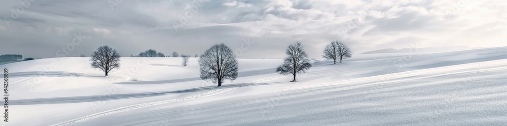 Aerial perspective of a frigid landscape featuring a snowy expanse and solitary trees beneath a overcast sky. Minimalist winter scenery. Aerial perspective of a frigid landscape featuring a snowy expanse and solitary trees beneath a overcast sky. Minimalist winter scenery.