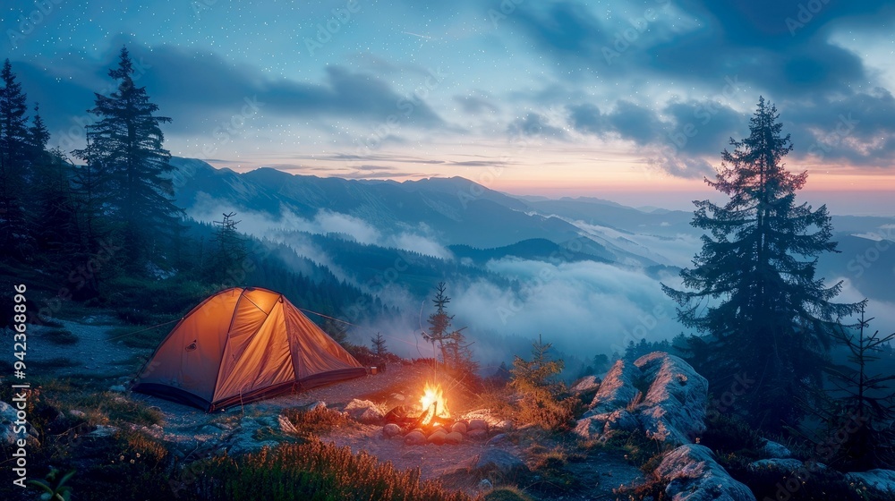 A Campsite in the Mountains Under a Starry Sky A Campsite in the Mountains Under a Starry Sky