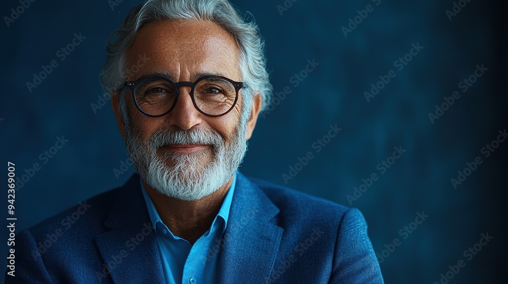 Relaxing with a smile and a thumbs-up, a successful senior hipster businessman in a stylish blue suit showcases confidence and a positive attitude against a blue background. Relaxing with a smile and a thumbs-up, a successful senior hipster businessman in a stylish blue suit showcases confidence and a positive attitude against a blue background.