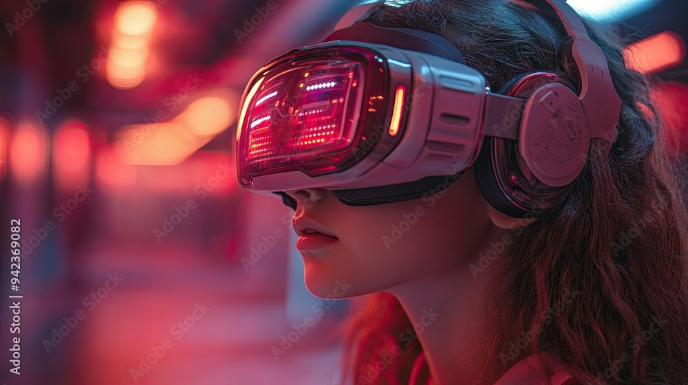 Engaged in an immersive game, a teenager wearing VR goggles explores a futuristic cyber world filled with innovation and technology. Engaged in an immersive game, a teenager wearing VR goggles explores a futuristic cyber world filled with innovation and technology.