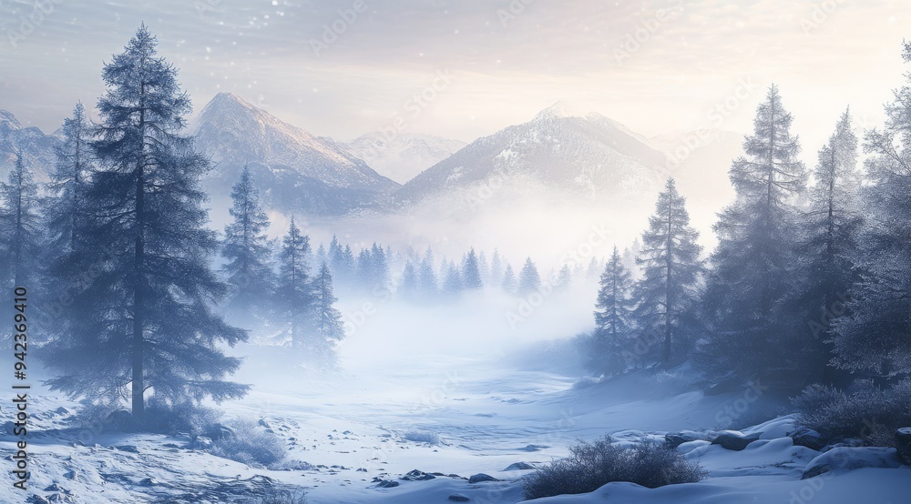 Obraz premium This breathtaking winter scene features stunning frosty trees and a distant picturesque mountain view, crafting a tranquil and serene atmosphere ideal for all nature enthusiasts and lovers alike