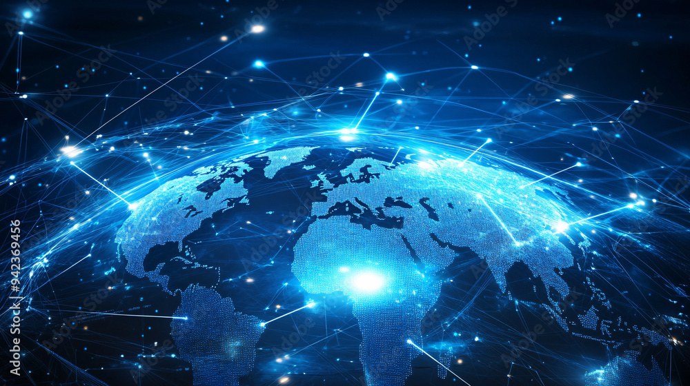 Abstract world map, concept of global network and connectivity, international data transfer and cyber technology, worldwide business, information exchange and telecommunication Abstract world map, concept of global network and connectivity, international data transfer and cyber technology, worldwide business, information exchange and telecommunication