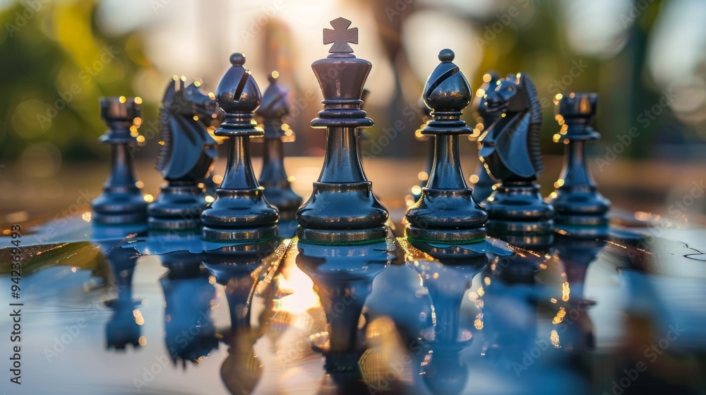 Chess pieces seen from close up, reflecting world map, strategy planning concept generative ai Chess pieces seen from close up, reflecting world map, strategy planning concept generative ai