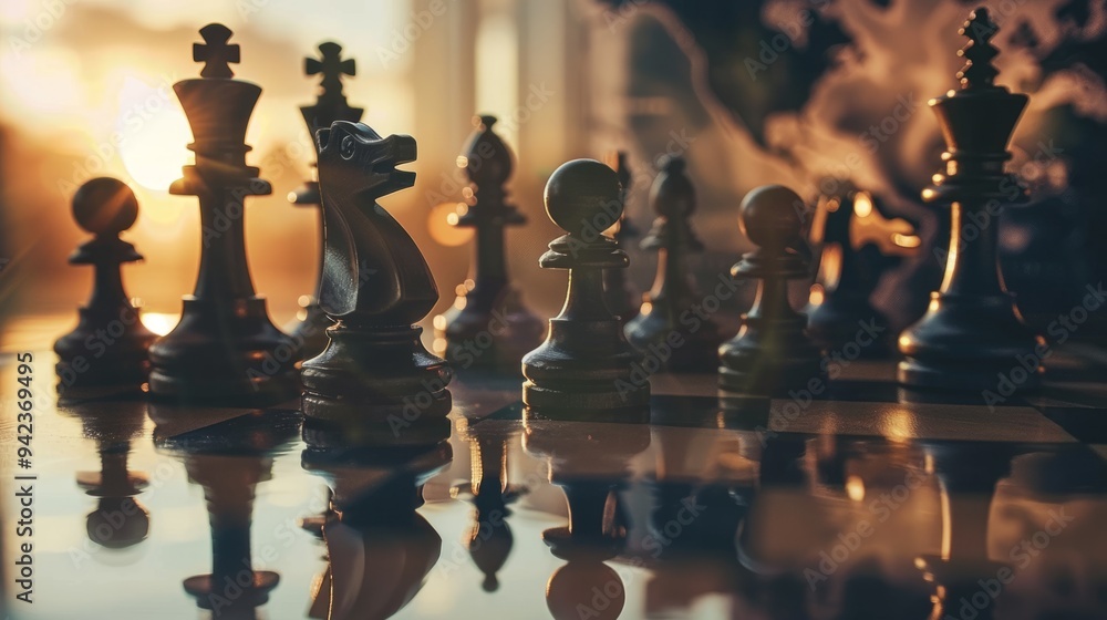Chess pieces seen from close up, reflecting world map, multinational business strategy generative ai Chess pieces seen from close up, reflecting world map, multinational business strategy generative ai