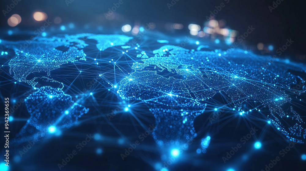 Abstract world map, concept of global network and connectivity, international data transfer and cyber technology, worldwide business, information exchange and telecommunication Abstract world map, concept of global network and connectivity, international data transfer and cyber technology, worldwide business, information exchange and telecommunication
