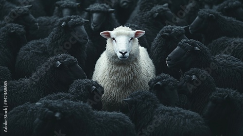 Amidst a herd of black sheep, a white sheep stands prominently, representing leadership and individuality.