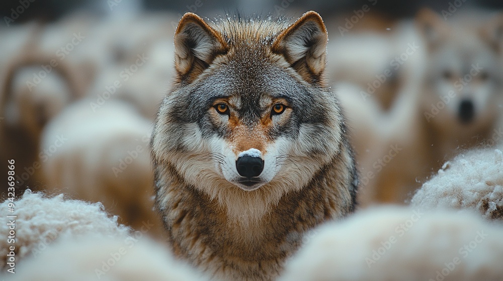 Obraz premium A wolf discreetly mingles among sheep, poised for action, representing hidden dangers and distinctive identity.