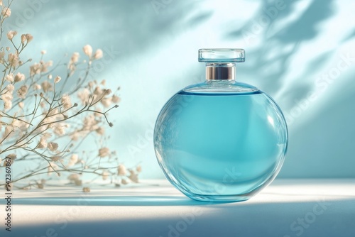 Perfume bottle with flowers on blurred blue background