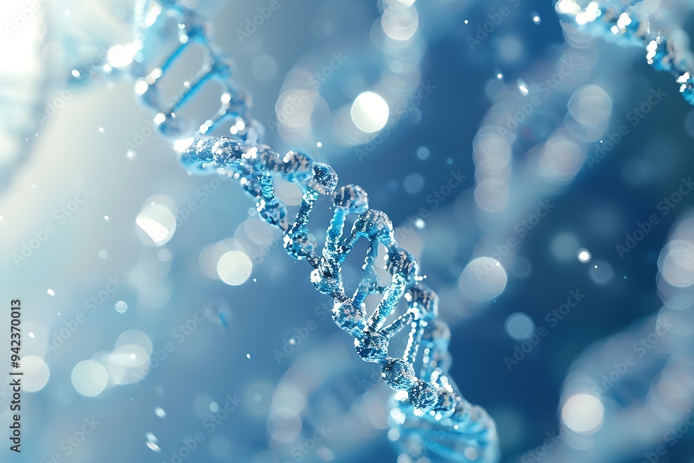 Closeup of the double helix DNA structure, a realistic 3D model, on a blue background with soft shadows and highlights, Closeup of the double helix DNA structure, a realistic 3D model, on a blue background with soft shadows and highlights,