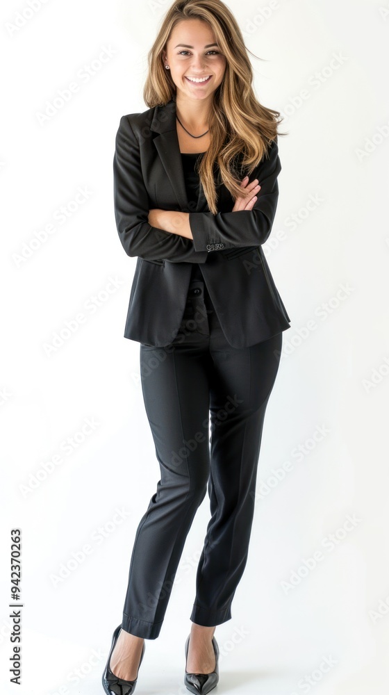 Full body businesswoman in suit smiling and posing confidently. Full body photo. White background. Full body businesswoman in suit smiling and posing confidently. Full body photo. White background.