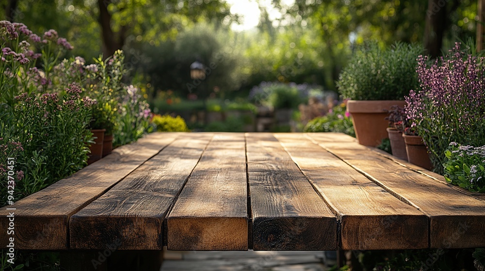 A wooden table set in a spring garden serves as an elegant display for products. A wooden table set in a spring garden serves as an elegant display for products.