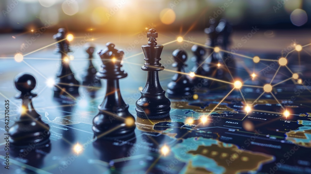 Chess pieces with digital connections, reflecting world map, international business network generative ai Chess pieces with digital connections, reflecting world map, international business network generative ai